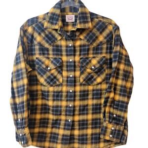 Levi's Western Button Up Shirt Yellow Black Plaid Womens Sz XS Pearl Snap Button